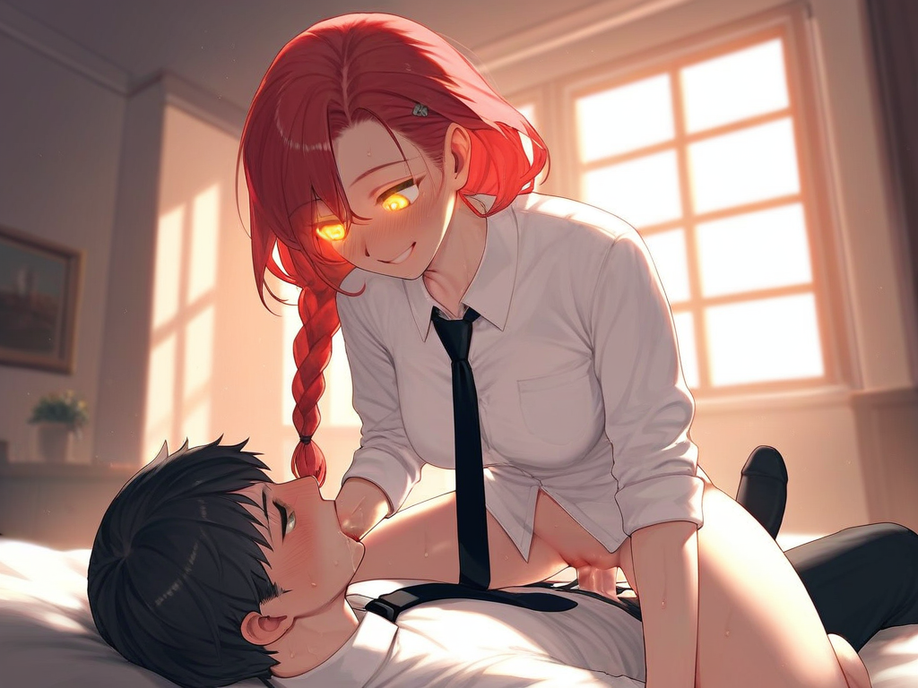 char sent an image  1girl, 1boy, hetero, penis, necktie, braid, girl on top, shirt, assertive female, sex, indoors, straddling, red hair, white shirt, yellow eyes, censored, cowgirl position, black hair, blush, looking at another, mosaic censoring, smile, clothed sex, vaginal, long hair, breasts, pants, sweat, glowing eyes, window, black necktie, pussy, collared shirt, bottomless, glowing, lying, black pants, single braid, hair ornament, on back