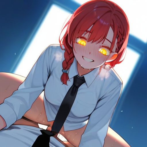 char sent an image  1girl, 1boy, necktie, hetero, glowing eyes, braid, shirt, sweat, girl on top, smile, glowing, pov, blush, red hair, white shirt, yellow eyes, sex, black necktie, bottomless, cowgirl position, straddling
