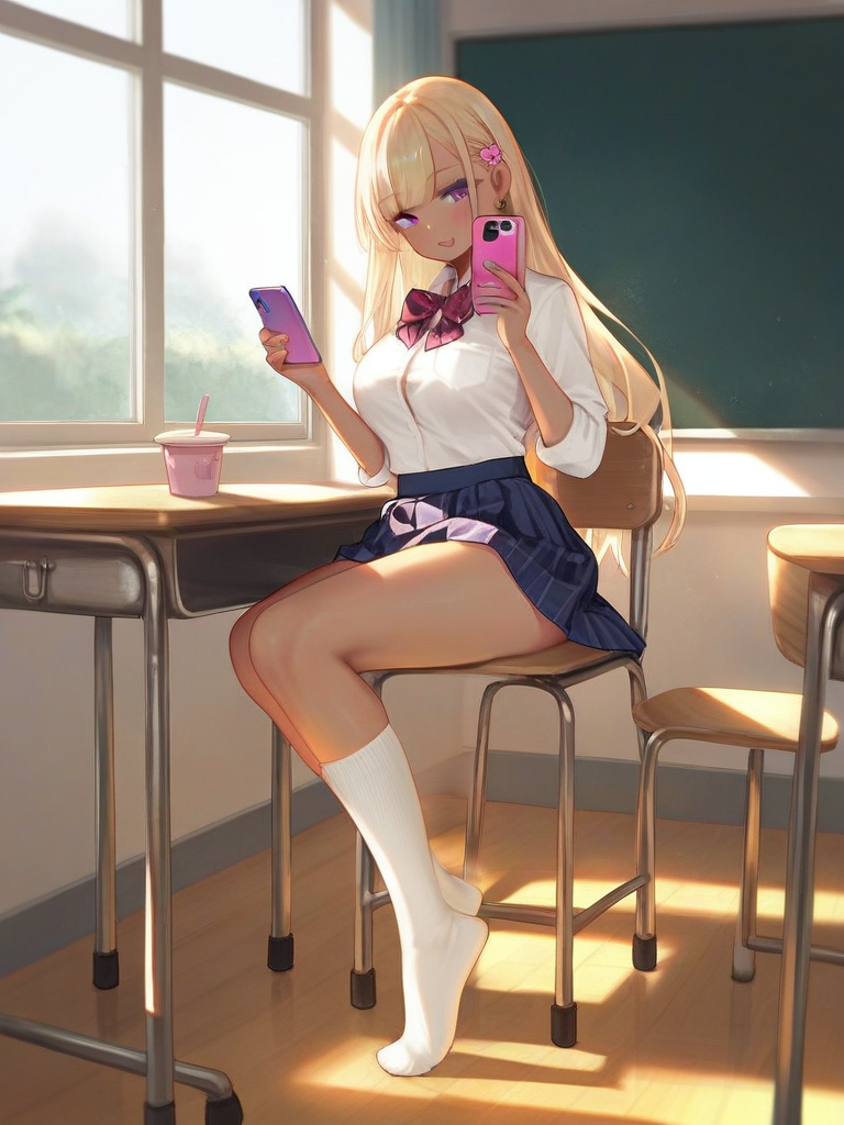 char sent an image  1girl, phone, blonde hair, solo, socks, cellphone, sitting, gyaru, skirt, long hair, holding phone, breasts, smartphone, indoors, classroom, chair, shirt, purple eyes, holding, school uniform, white socks, hair ornament, large breasts, thighs, bow, pleated skirt, white shirt, cup, kogal, desk, looking at viewer, kneehighs, shirt tucked in
