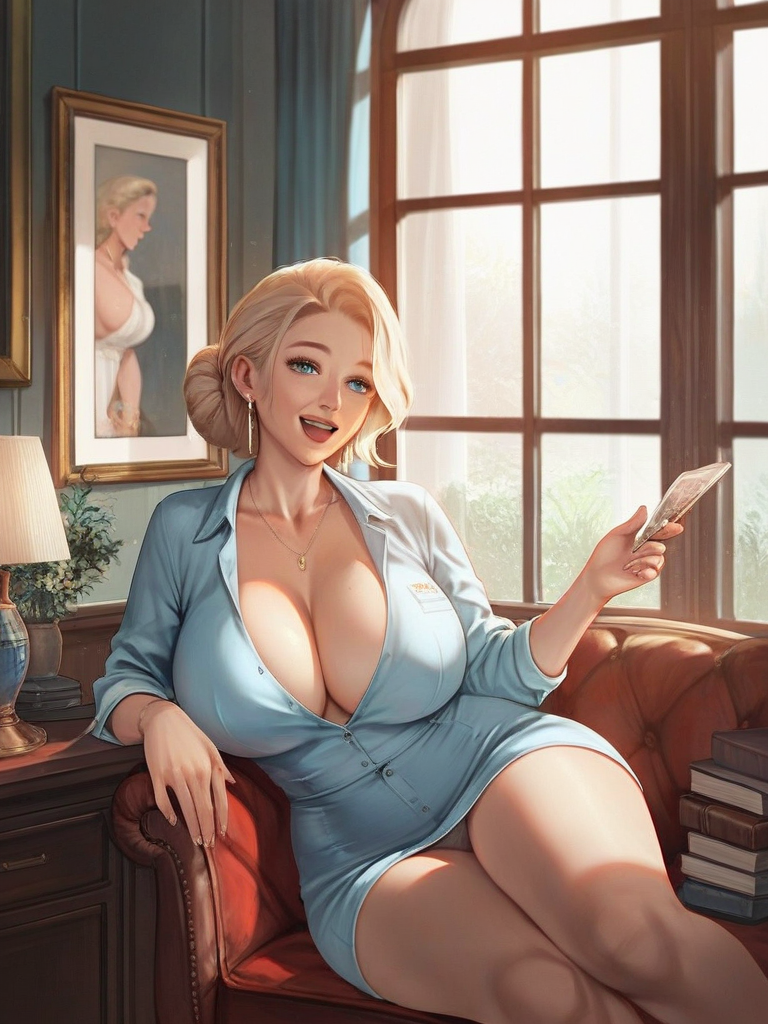 char sent an image  breasts, 1girl, jewelry, blonde hair, necklace, cleavage, window, indoors, solo, earrings, mature female, sitting, panties, underwear, blue eyes, looking at viewer, open mouth, hair bun, book, thighs, holding, smile, large breasts, partially unbuttoned, curtains, lamp, couch, single hair bun, collarbone, picture frame, shirt, book stack, huge breasts, pantyshot, upper teeth only
