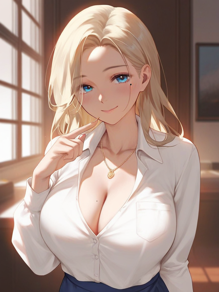 char sent an image  1girl, breasts, mole, solo, blonde hair, cleavage, shirt, jewelry, large breasts, blue eyes, white shirt, necklace, smile, looking at viewer, indoors, collared shirt, skirt, mole under eye, mole on breast, blush, long sleeves, long hair, blue skirt, closed mouth, collarbone, shirt tucked in, window, upper body, dress shirt