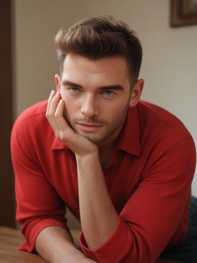 char sent an image  1boy, male focus, solo, red shirt, shirt, facial hair, short hair, looking at viewer, realistic, closed mouth, black hair, collared shirt