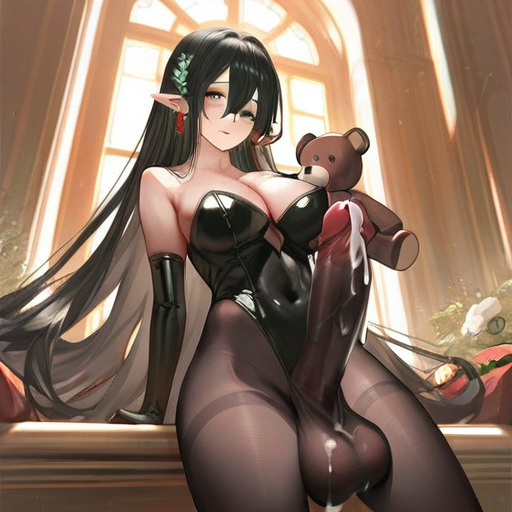 char sent an image  1girl, breasts, penis, testicles, pointy ears, futanari, leotard, black hair, pantyhose, cum, large breasts, solo, black leotard, long hair, gloves, stuffed toy, erection, animal penis, elbow gloves, black gloves, covered navel, stuffed animal, cum on penis, looking at viewer, uncensored, indoors, teddy bear, cleavage, hair between eyes, bare shoulders, black pantyhose, strapless, huge penis, closed mouth, large penis, huge testicles, strapless leotard, large testicles, earrings, arm support, very long hair, sitting, hair ornament, horse penis, jewelry, knotted penis, highleg leotard, thighband pantyhose