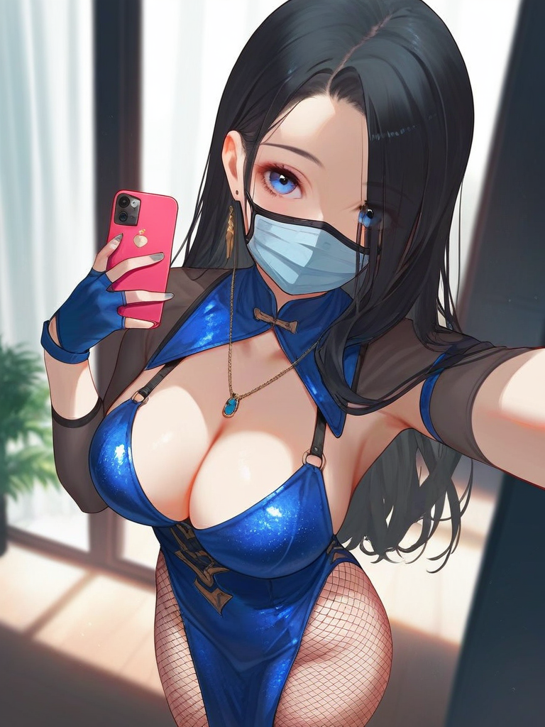 char sent an image  1girl, breasts, selfie, mouth mask, solo, cleavage, mask, fishnets, black hair, gloves, blue eyes, phone, jewelry, large breasts, pantyhose, long hair, fingerless gloves, dress, holding, cellphone, holding phone, looking at viewer, earrings, blue gloves, necklace, fishnet pantyhose, pelvic curtain, smartphone, blue dress, indoors, armpits