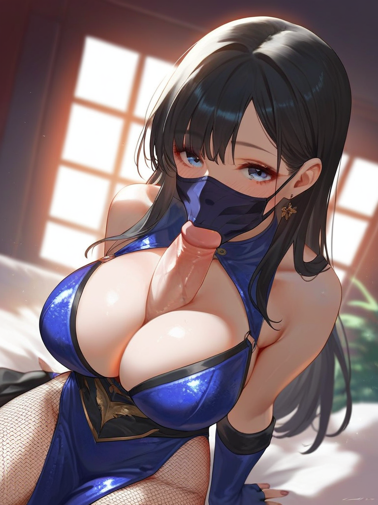 char sent an image  1girl, breasts, black hair, fishnets, gloves, large breasts, mouth mask, long hair, penis, mask, looking at viewer, fingerless gloves, bare shoulders, jewelry, blue eyes, earrings, pantyhose, sitting, dress, uncensored, blue dress, indoors, blue gloves, arm support, fishnet pantyhose, cleavage, blush, fellatio, oral, sleeveless dress, erection, disembodied penis, sleeveless