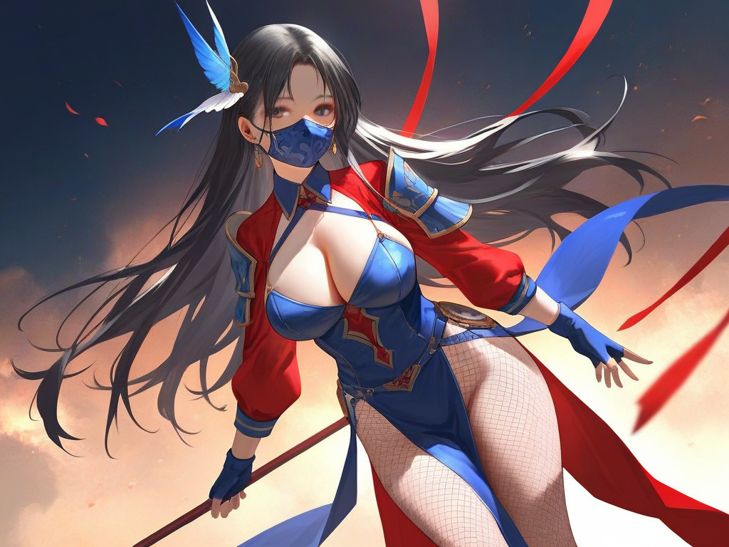 char sent an image  1girl, breasts, solo, fishnets, long hair, gloves, large breasts, black hair, pelvic curtain, pantyhose, cleavage, fingerless gloves, mask, fishnet pantyhose, hair ornament, mouth mask, looking at viewer, earrings, jewelry, holding, shoulder armor, armor, dress