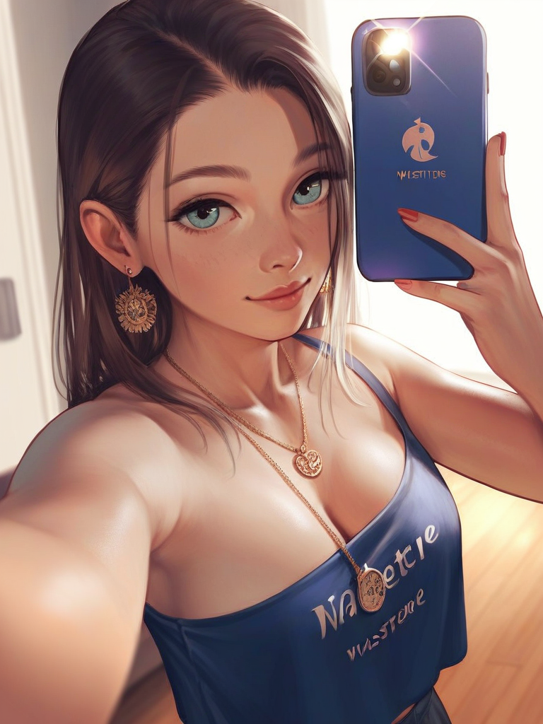 char sent an image  selfie, 1girl, breasts, jewelry, phone, solo, earrings, holding phone, cellphone, necklace, cleavage, smartphone, holding, smile, brown hair, looking at viewer, freckles, long hair, blue eyes, red nails, nail polish, lips, crop top