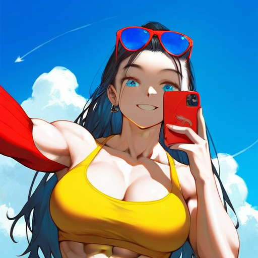 char sent an image  1girl, breasts, selfie, eyewear on head, muscular female, phone, solo, muscular, blue eyes, black hair, sunglasses, large breasts, jewelry, earrings, smile, sky, cellphone, cloud, abs, long hair, holding, cleavage, holding phone, contrail, blue sky, looking at viewer, smartphone, upper body, day, collarbone, biceps, sports bra