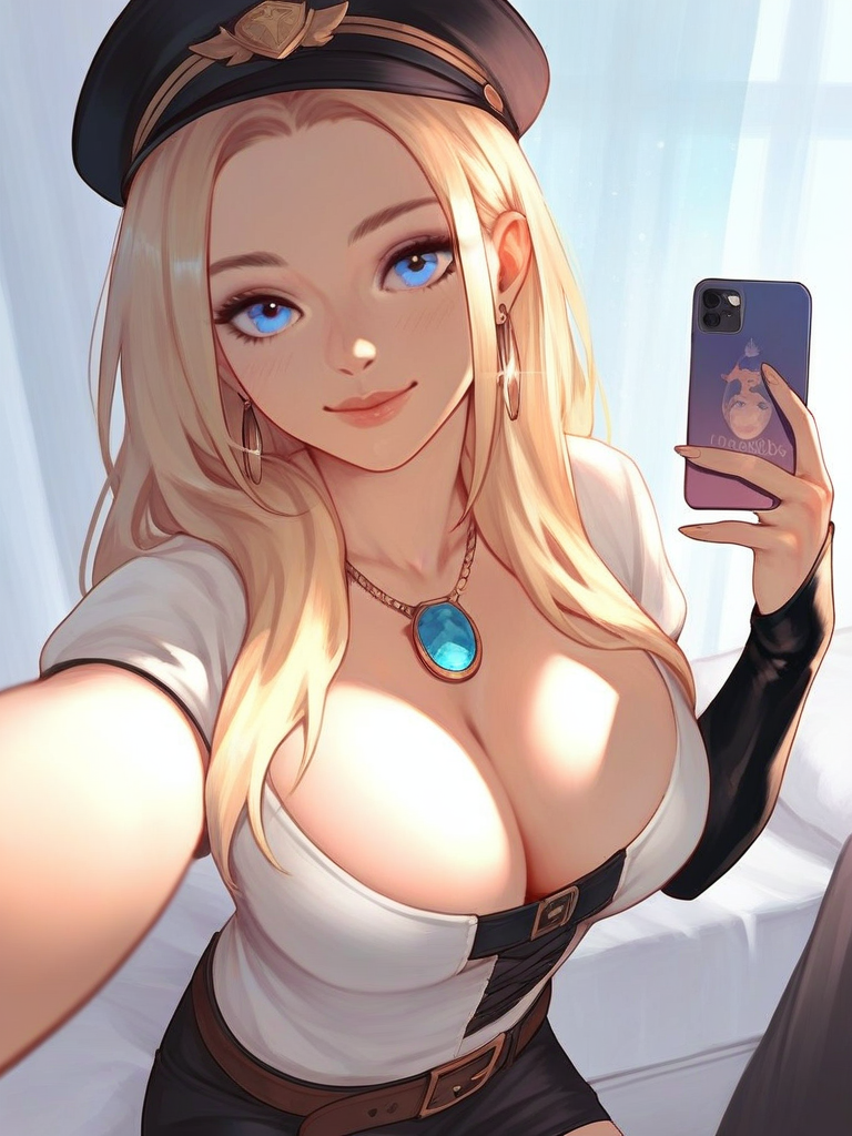 char sent an image  breasts, selfie, 1girl, jewelry, phone, blonde hair, cleavage, blue eyes, earrings, large breasts, cellphone, hat, holding phone, necklace, belt, solo, holding, smile, looking at viewer, brown belt, long hair, shirt, white shirt, smartphone