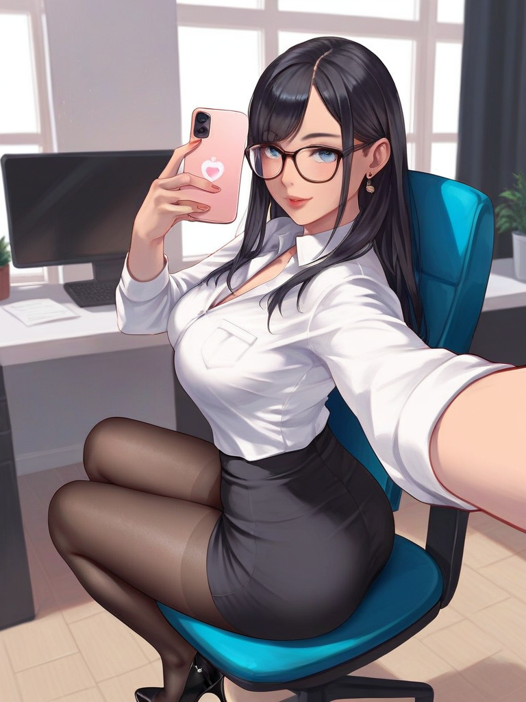 char sent an image  1girl, office lady, selfie, pantyhose, phone, breasts, skirt, glasses, solo, black hair, sitting, shirt, earrings, jewelry, cellphone, white shirt, large breasts, long hair, chair, blue eyes, indoors, holding, high heels, holding phone, pencil skirt, smartphone, looking at viewer, collared shirt, swivel chair, desk, smile, office chair, shirt tucked in, black skirt, black footwear, computer, window, cleavage, black pantyhose, dress shirt, curtains, plant, ass