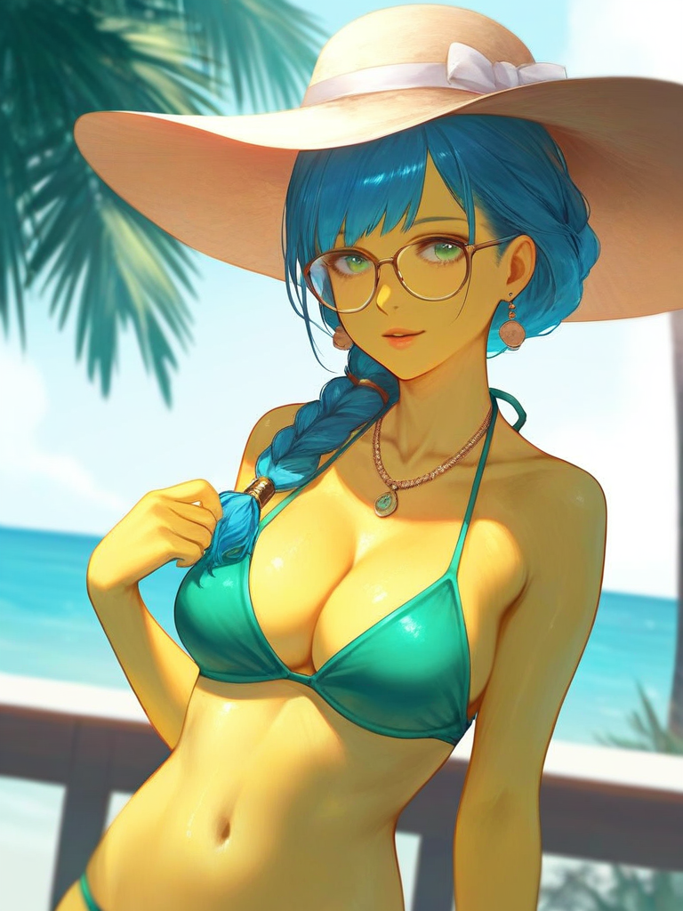 char sent an image  1girl, breasts, swimsuit, hat, bikini, solo, jewelry, navel, glasses, braid, blue hair, necklace, outdoors, earrings, looking at viewer, green eyes, cleavage, green bikini, long hair, day, sun hat, hair over shoulder, ocean