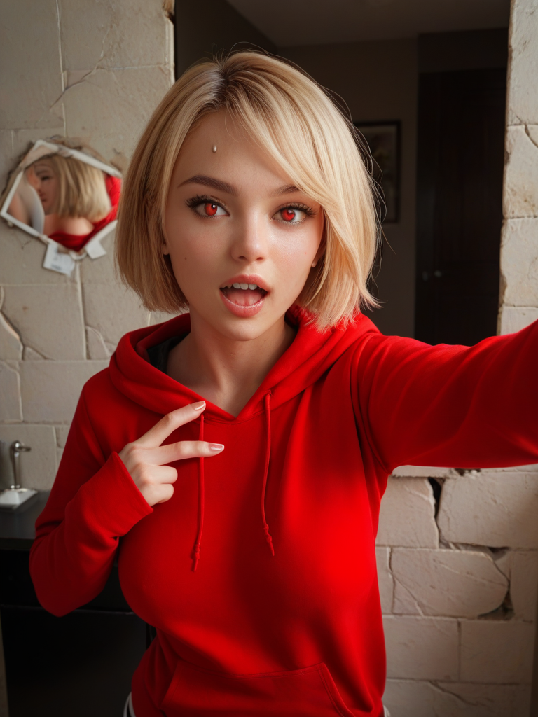 char sent an image  1girl, selfie, hood, red eyes, hoodie, blonde hair, mirror, solo, realistic, v, short hair, red hoodie, looking at viewer, teeth, open mouth, nose, breasts, hood down, reflection