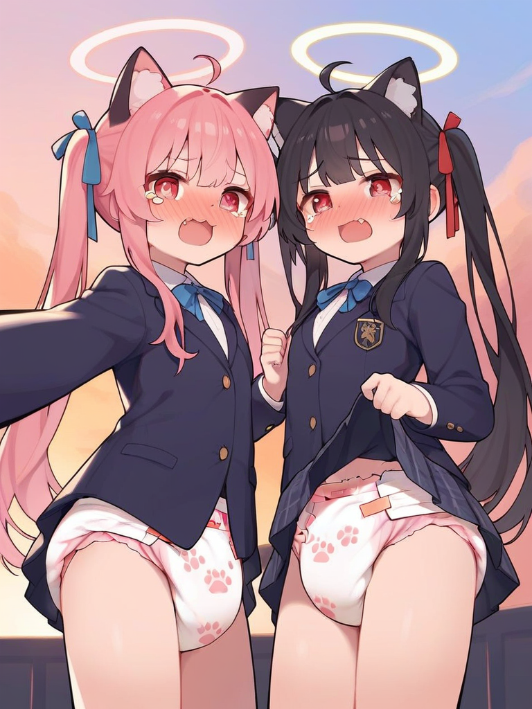 char sent an image  animal ears, halo, multiple girls, 2girls, twintails, underwear, cat ears, black hair, pink hair, skirt, red eyes, blush, open mouth, fang, ahoge, long hair, panties, animal ear fluff, jacket, blue bowtie, tears, ribbon, skirt lift, blazer, school uniform, white shirt, clothes lift, shirt, tearing up, hair ribbon, looking at viewer, plaid skirt, long sleeves, cat girl, loli, plaid, lifted by self, bow, blue ribbon, white panties, blue bow, bowtie, print panties, pink halo, blue skirt