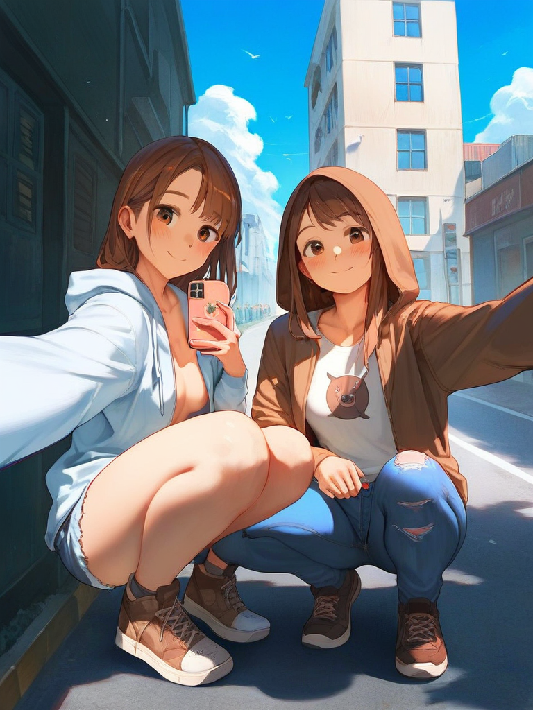 char sent an image  denim, multiple girls, 2girls, hood, squatting, brown hair, smile, outdoors, jacket, phone, selfie, shoes, jeans, looking at viewer, breasts, brown eyes, holding, holding phone, pants, building, shorts, denim shorts, day, cellphone, torn clothes, hoodie, closed mouth, blush, shirt, open clothes, sky, cutoffs, torn pants, hooded jacket, hood up, brown footwear, sneakers, cloud, collarbone, torn shorts, white shirt, smartphone, open jacket, long sleeves, brown jacket