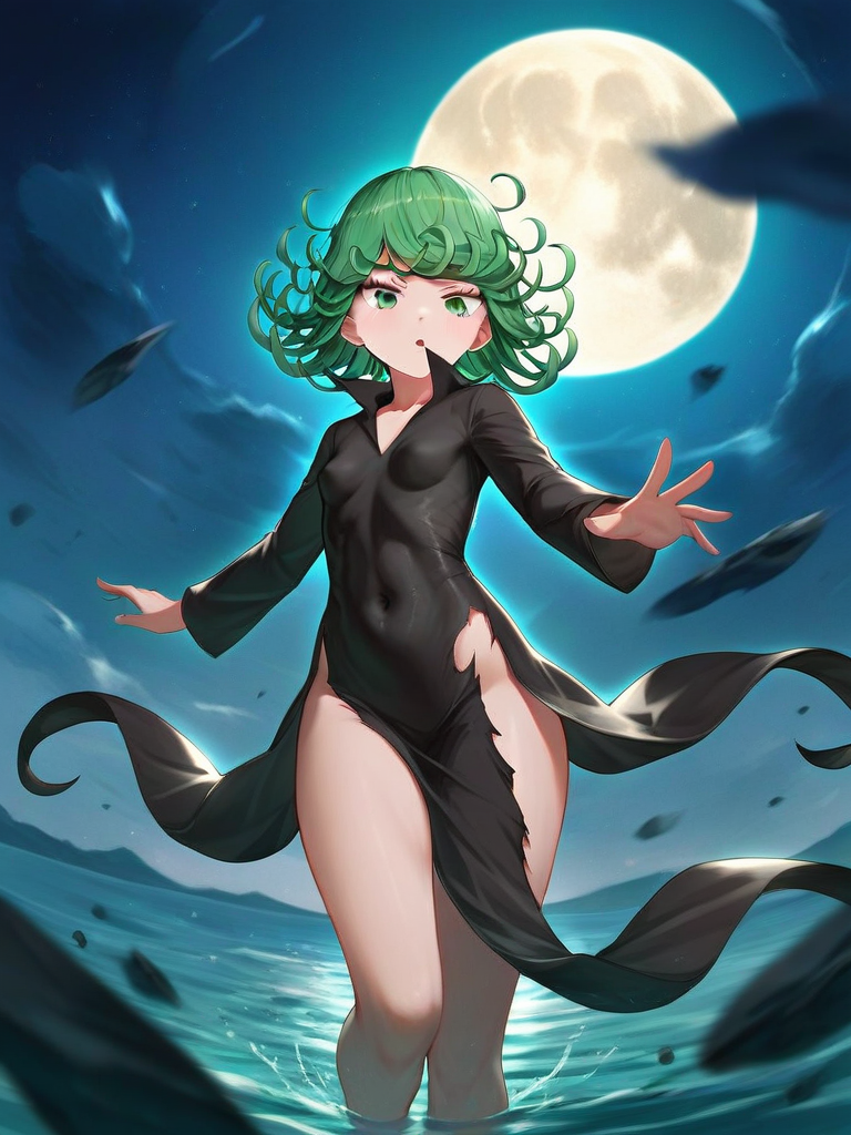 char sent an image  1girl, solo, green eyes, dress, green hair, breasts, black dress, moon, small breasts, covered navel, looking at viewer, torn clothes, night, sky, long sleeves, full moon, curly hair, water, night sky, wading, thighs, torn dress, outdoors, no panties