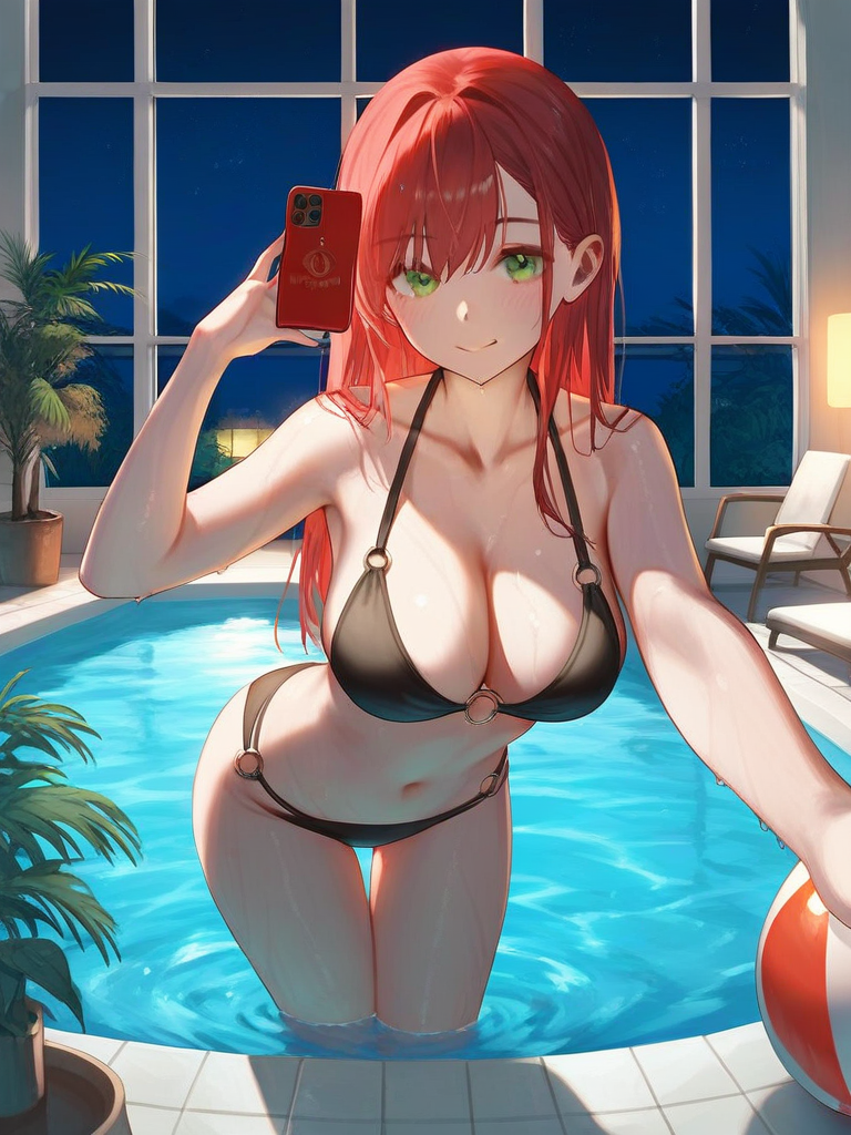 char sent an image  1girl, breasts, swimsuit, solo, phone, bikini, long hair, selfie, smile, green eyes, black bikini, oring bikini, holding, cleavage, ball, oring, navel, red hair, cellphone, looking at viewer, large breasts, pool, wading, wet, smartphone, night, beachball, holding phone, stomach, collarbone, bare shoulders, water, halterneck, thighs