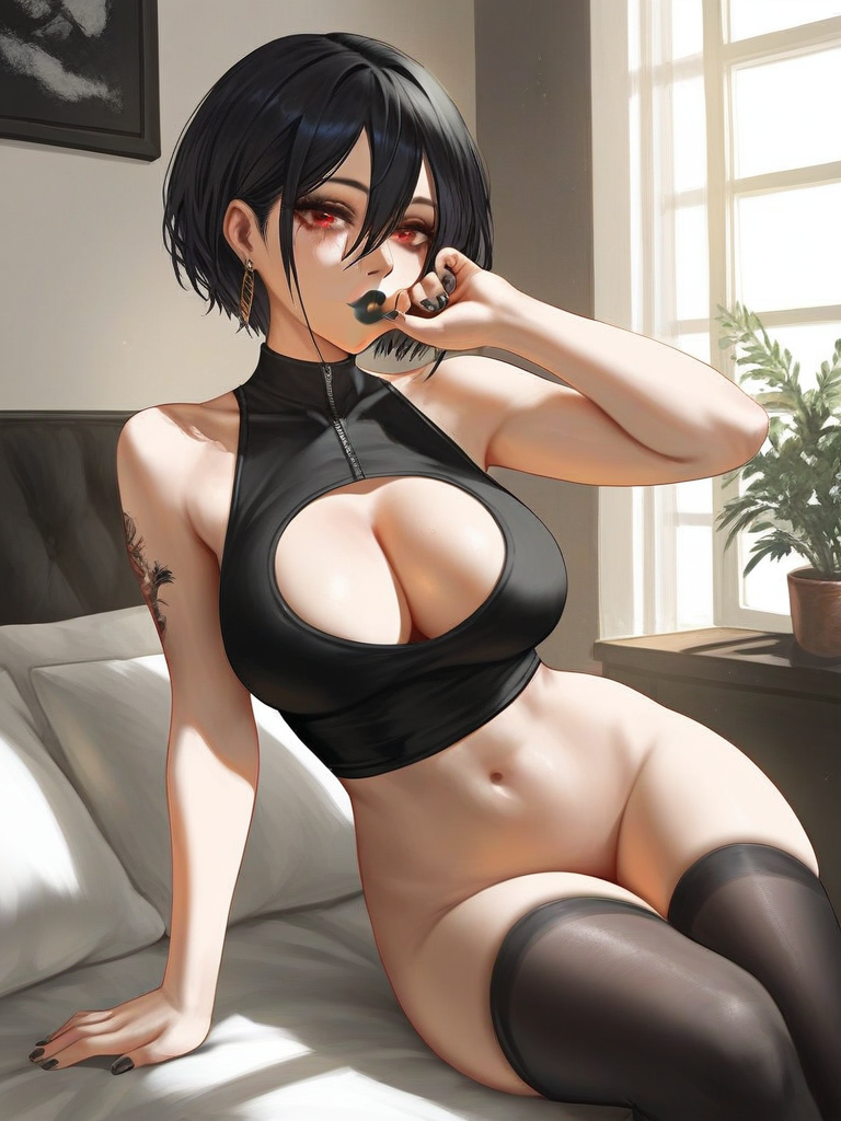 char sent an image  1girl, breasts, solo, thighhighs, red eyes, black hair, black nails, short hair, navel, large breasts, bottomless, sitting, black thighhighs, jewelry, cleavage cutout, tattoo, cleavage, earrings, hair between eyes, looking at viewer, plant, clothing cutout, indoors, pillow, bare shoulders, potted plant, window, arm tattoo, crop top, on bed, sleeveless, shoulder tattoo, nail polish, arm support