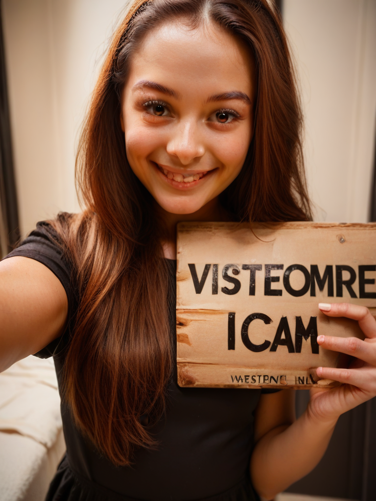 char sent an image  1girl, realistic, solo, smile, brown eyes, brown hair, long hair, holding, looking at viewer, holding sign, shirt