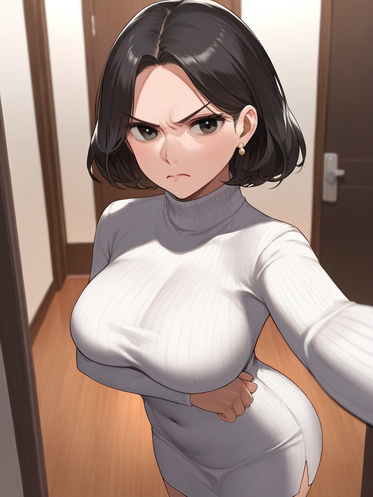 char sent an image  1girl, breasts, solo, jewelry, earrings, large breasts, looking at viewer, black hair, dress, sweater, short hair, black eyes, covered navel, vshaped eyebrows, long sleeves, turtleneck, closed mouth, white sweater, turtleneck sweater, indoors, tight dress, parted bangs, white dress, sweater dress, arm under breasts, turtleneck dress, taut clothes, frown, breast hold, taut dress, outstretched arm, wooden floor, pencil dress, cowboy shot, standing, ribbed sweater, blush, doorway, door, side slit, angry, open door, ribbed dress, selfie, forehead, pov doorway, reaching, blurry, reaching towards viewer, short dress, glaring