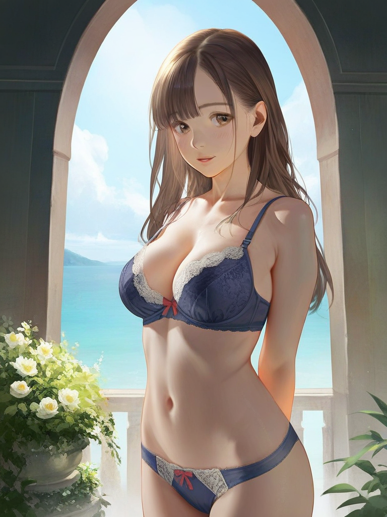 char sent an image  1girl, breasts, underwear, solo, bra, panties, navel, brown hair, long hair, brown eyes, underwear only, looking at viewer, cleavage, arms behind back, blue bra, blue panties, collarbone, bow, smile, day, cowboy shot, plant, flower, sky, bow panties, large breasts, standing, stomach, bare shoulders, parted lips, lips, blue sky, lace trim, potted plant, lacetrimmed bra, bow bra, cloud, lingerie, white flower, medium breasts, indoors, blush, outdoors