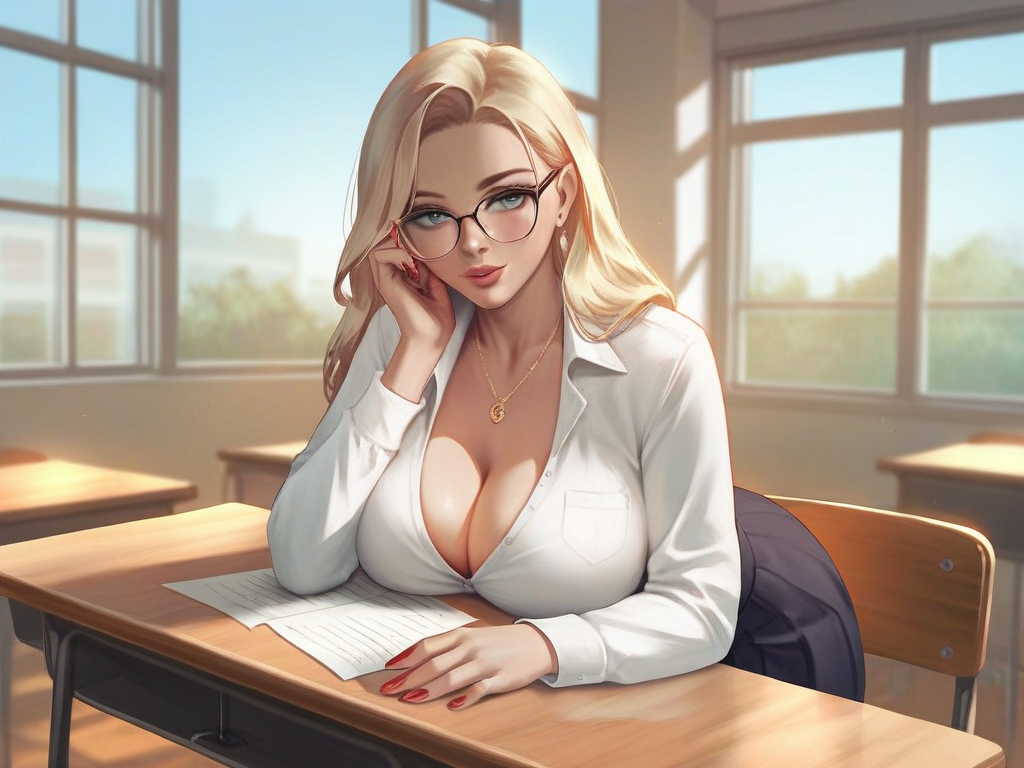 char sent an image  1girl, breasts, desk, jewelry, solo, blonde hair, cleavage, necklace, glasses, school desk, window, classroom, indoors, large breasts, looking at viewer, shirt, skirt, long hair, white shirt, earrings, red nails, school uniform, nail polish, chair, blue eyes, collared shirt, lips, breast rest, sitting