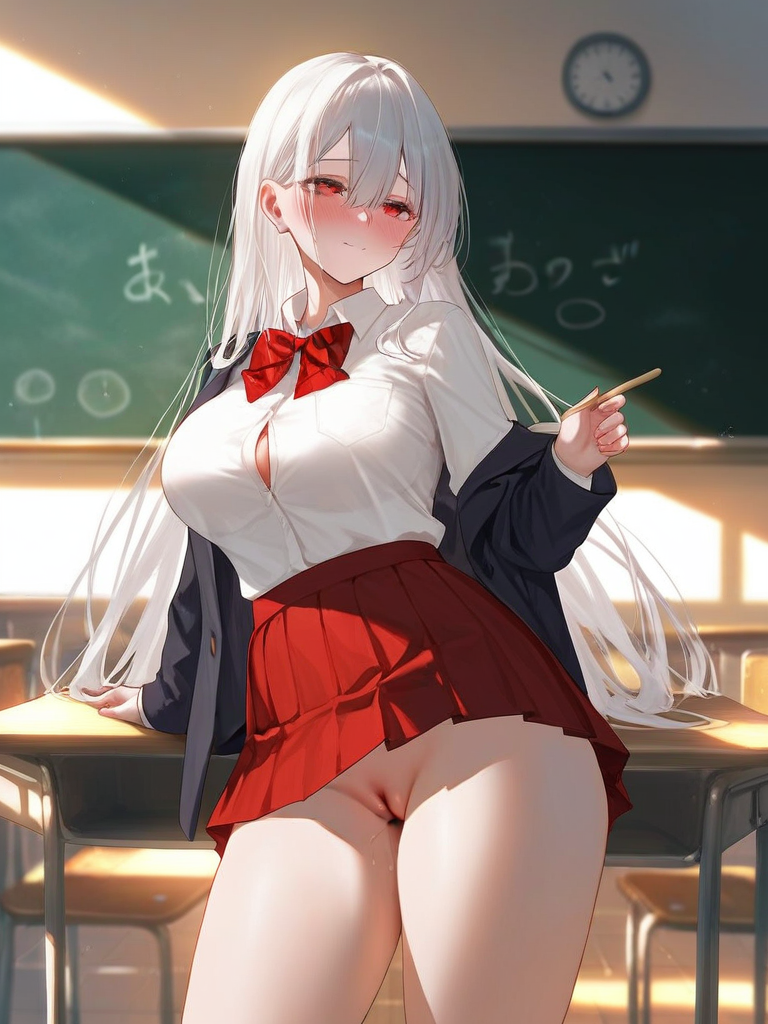 char sent an image  1girl, breasts, chalkboard, skirt, solo, shirt, white shirt, indoors, pussy, long hair, blush, red eyes, large breasts, classroom, red skirt, pleated skirt, long sleeves, jacket, collared shirt, desk, no panties, shirt tucked in, bowtie, holding, bow, white hair, school uniform, clock, button gap, censored, red bow, pussy juice, closed mouth, black jacket, open jacket, wall clock, school desk, red bowtie, open clothes, hair between eyes, thighs, cleft of venus, standing, chalk, off shoulder, miniskirt