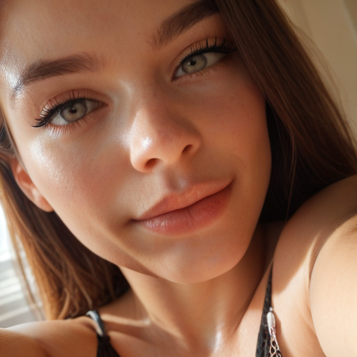 char sent an image  1girl, solo, brown hair, looking at viewer, realistic, smile, brown eyes, closeup, portrait, lips, long hair, closed mouth