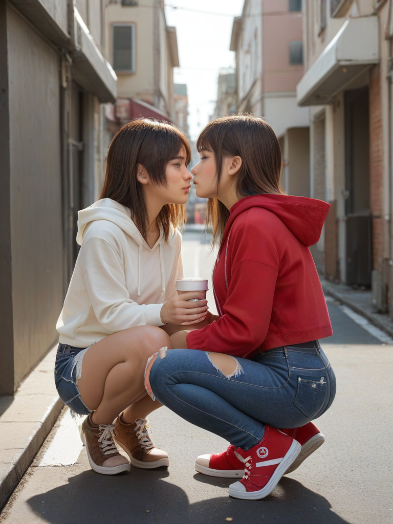 char sent an image  multiple girls, 2girls, denim, hood, squatting, yuri, hoodie, torn pants, brown hair, shoes, torn clothes, outdoors, jeans, imminent kiss, cup, pants, torn jeans, looking at another, realistic, white hoodie, shorts, sneakers, jacket, hood down, long hair, lips, holding