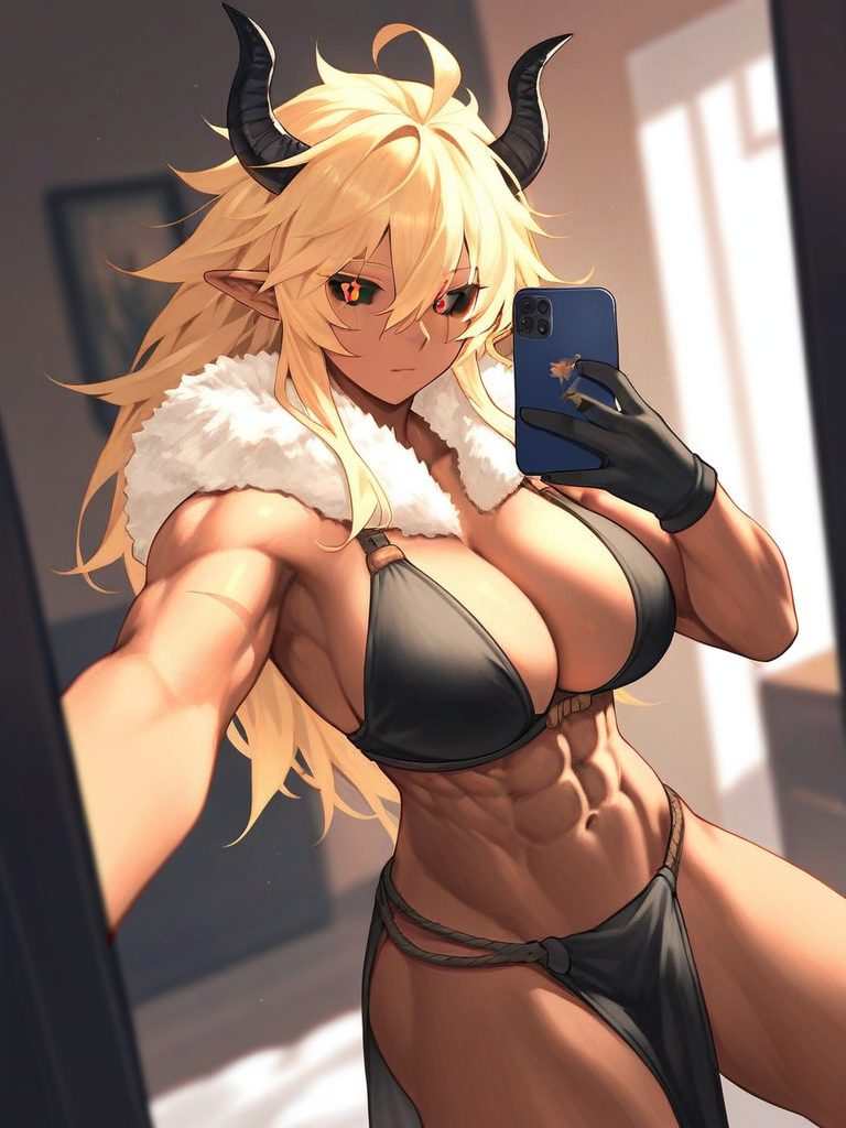 char sent an image  1girl, black sclera, colored sclera, muscular female, breasts, selfie, muscular, horns, solo, abs, pointy ears, blonde hair, phone, long hair, gloves, cellphone, large breasts, black gloves, navel, holding, pelvic curtain, red eyes, ahoge, smartphone, cleavage, indoors, scar, holding phone, dark skin, looking at viewer, darkskinned female, closed mouth, thighs, demon horns, blurry, demon girl, bikini, hair between eyes