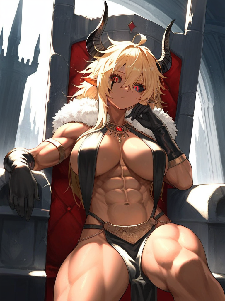 char sent an image  1girl, breasts, horns, abs, solo, muscular, pointy ears, muscular female, gloves, blonde hair, colored sclera, black sclera, large breasts, sitting, throne, black gloves, long hair, navel, red eyes, looking at viewer