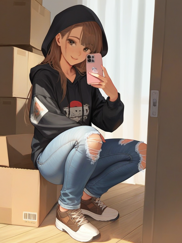 char sent an image  1girl, torn pants, hood, phone, solo, torn jeans, denim, pants, brown hair, jeans, cellphone, torn clothes, holding, shoes, long hair, box, hoodie, holding phone, smile, smartphone, squatting, selfie, cardboard box, brown eyes, black hoodie, sneakers, looking at viewer, indoors, long sleeves, closed mouth, hood up, full body