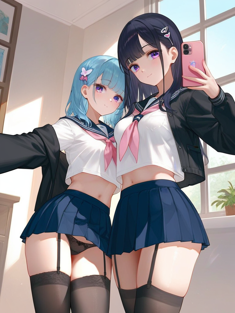 char sent an image  multiple girls, 2girls, thighhighs, purple eyes, skirt, navel, panties, selfie, black panties, underwear, school uniform, phone, hair ornament, holding, neckerchief, garter straps, sailor collar, breasts, smile, pleated skirt, indoors, serafuku, jacket, long sleeves, looking at viewer, black hair, long hair, holding phone, cellphone, black thighhighs, closed mouth, shirt, thighs, medium breasts, black jacket, open clothes, white shirt, open jacket, stomach, blue skirt, blue hair, miniskirt, midriff, window, hairclip, smartphone, crop top