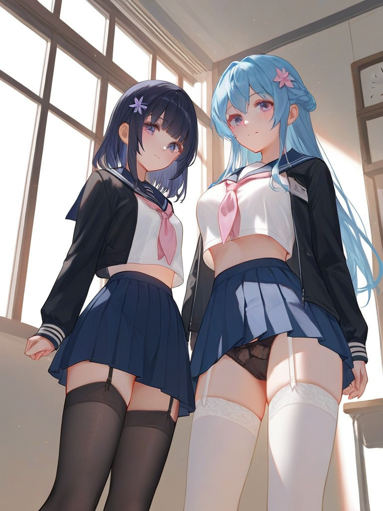 char sent an image  multiple girls, thighhighs, 2girls, panties, underwear, skirt, long hair, school uniform, black panties, hair ornament, white thighhighs, black hair, garter straps, breasts, looking at viewer, serafuku, pleated skirt, long sleeves, indoors, crop top, crop top overhang, hair flower, smile, blue hair, sailor collar, neckerchief, blue skirt, flower, shirt, purple eyes, short hair, open clothes, standing, white shirt, midriff, black jacket, closed mouth, miniskirt, jacket, medium breasts, thighs, blue eyes, window, zettai ryouiki