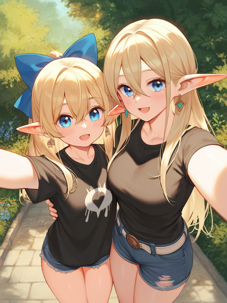 char sent an image  multiple girls, 2girls, pointy ears, shorts, blonde hair, earrings, blue eyes, shirt, jewelry, denim, denim shorts, black shirt, long hair, elf, smile, torn shorts, bow, looking at viewer, outdoors, breasts, hair bow, belt, open mouth, short shorts, blue shorts, selfie, hair between eyes, cutoffs, short sleeves