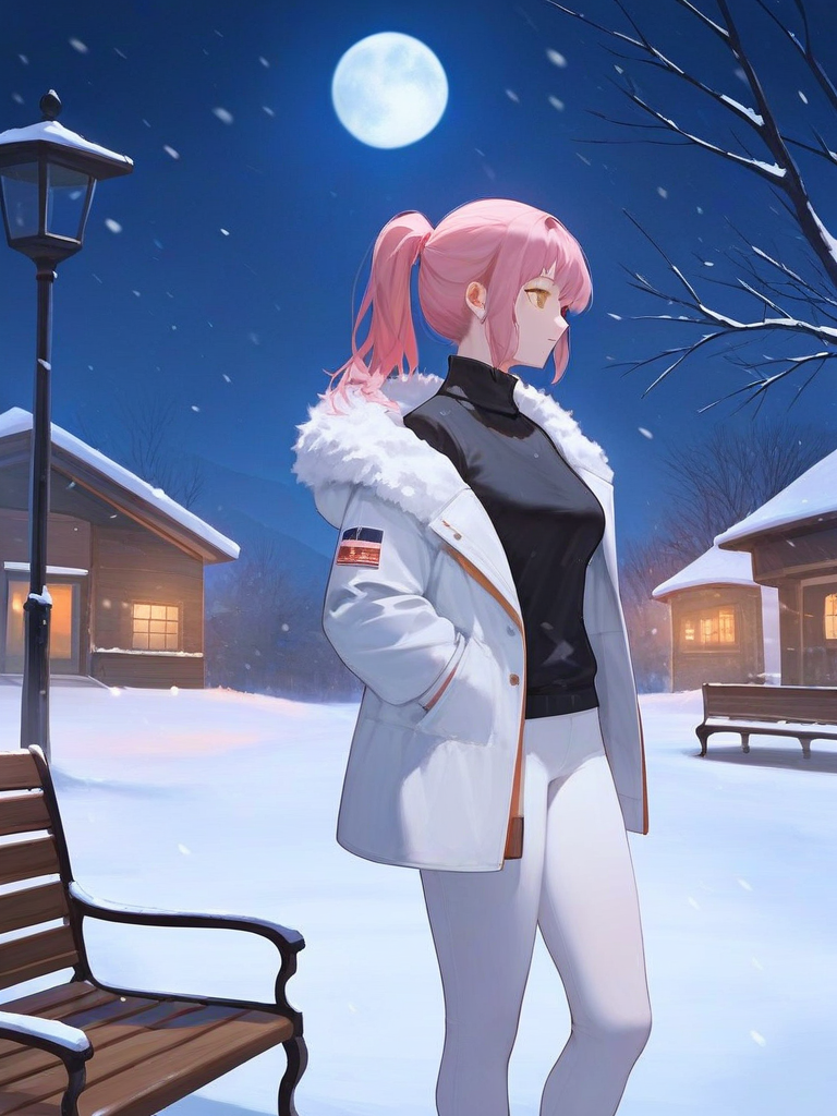 char sent an image  1girl, moon, solo, white pants, outdoors, pink hair, night, snow, pants, ponytail, full moon, turtleneck, yellow eyes, sweater, bench, jacket, winter, tree, sky, open clothes, black sweater, feet out of frame, snowing, turtleneck sweater, fur trim, standing, bare tree, breasts, night sky, white jacket, hand in pocket