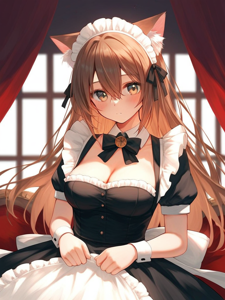char sent an image  1girl, breasts, animal ears, solo, maid headdress, brown hair, cleavage, maid, long hair, short sleeves, brown eyes, looking at viewer, animal ear fluff, bow, apron, dress, wrist cuffs, bowtie, cat ears, blush, black bow, puffy short sleeves, black bowtie, puffy sleeves, frills, black dress, closed mouth, detached collar, curtains, hair between eyes