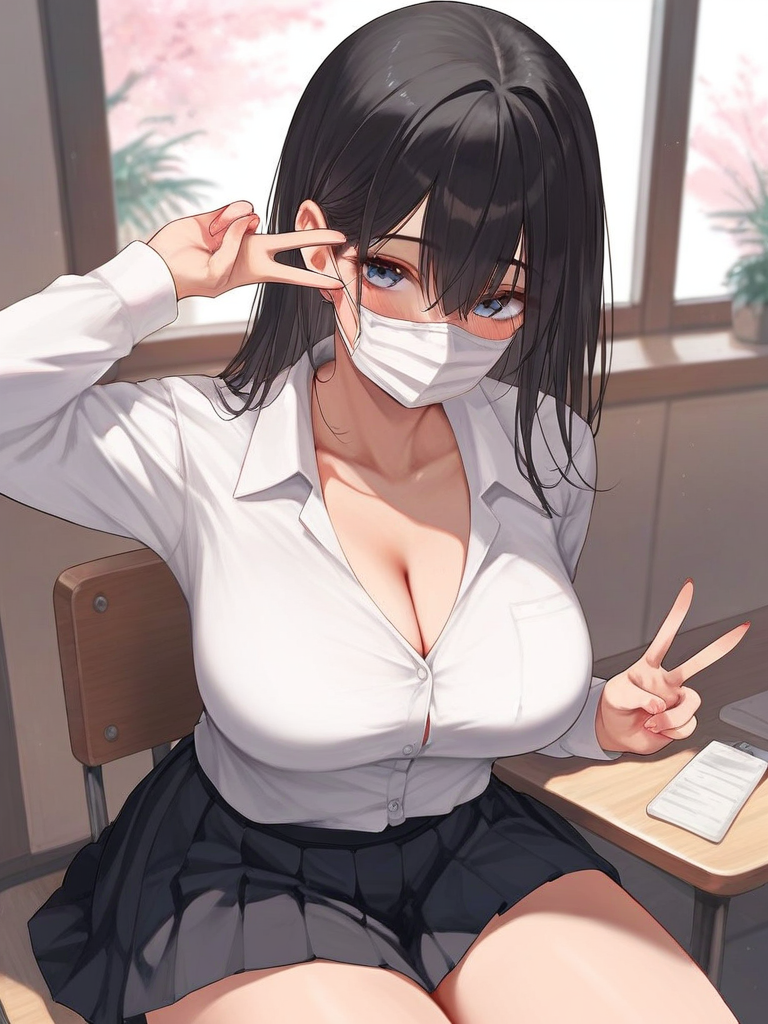 char sent an image  1girl, breasts, skirt, mouth mask, v, solo, cleavage, mask, black hair, shirt, large breasts, sitting, blue eyes, black skirt, white shirt, pleated skirt, looking at viewer, thighs, long sleeves, indoors, long hair, collared shirt, collarbone, chair, blush, school uniform, surgical mask, desk