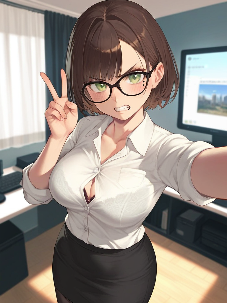 char sent an image  1girl, breasts, skirt, mole, shirt, mole under eye, solo, pantyhose, v, green eyes, glasses, underwear, brown hair, bra, pencil skirt, large breasts, button gap, indoors, white shirt, short hair, looking at viewer, office lady, teeth, bra peek, collared shirt, cleavage, black skirt, clenched teeth, blackframed eyewear, black pantyhose, monitor, black bra, blush, collarbone, curtains, bra visible through clothes, keyboard computer, selfie, sleeves rolled up, dress shirt