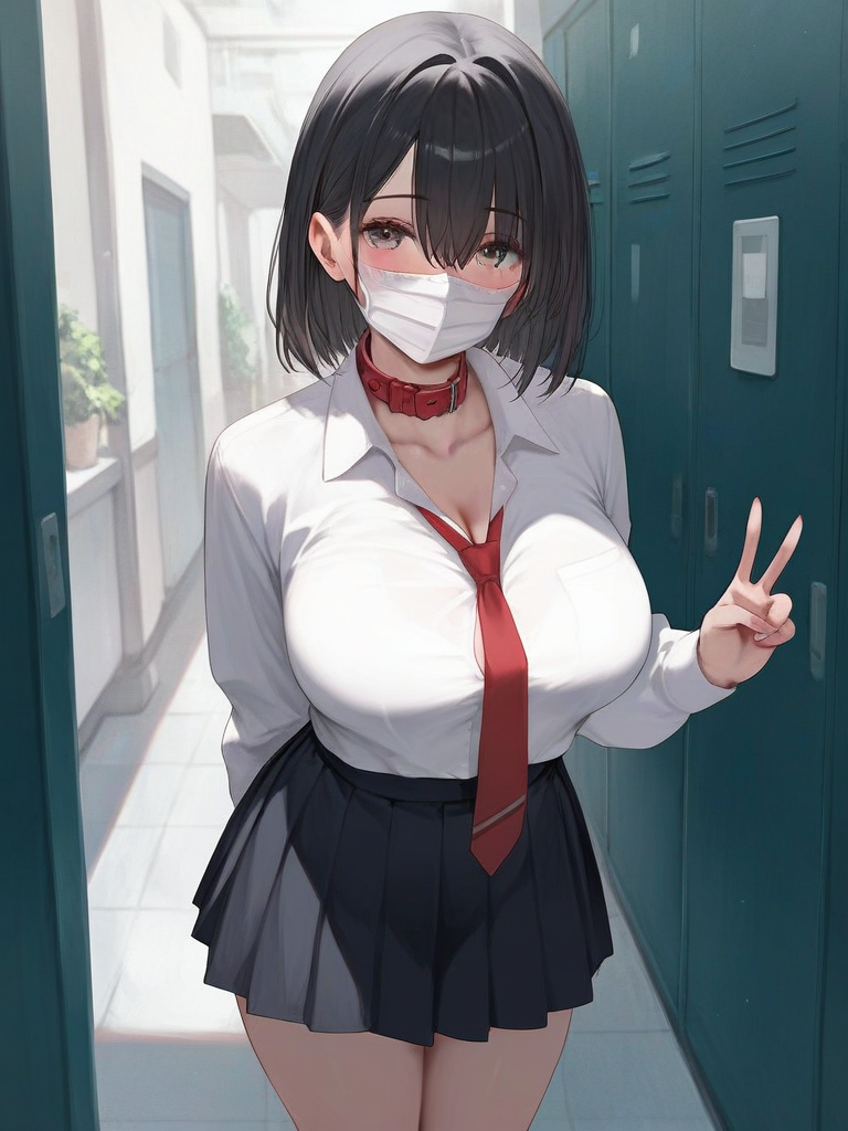 char sent an image  1girl, breasts, mouth mask, mask, skirt, solo, necktie, shirt, black hair, large breasts, collar, v, cleavage, surgical mask, white shirt, looking at viewer, pleated skirt, black skirt, red necktie, collared shirt, collarbone, school uniform, long sleeves, blush, red collar, short hair, shirt tucked in