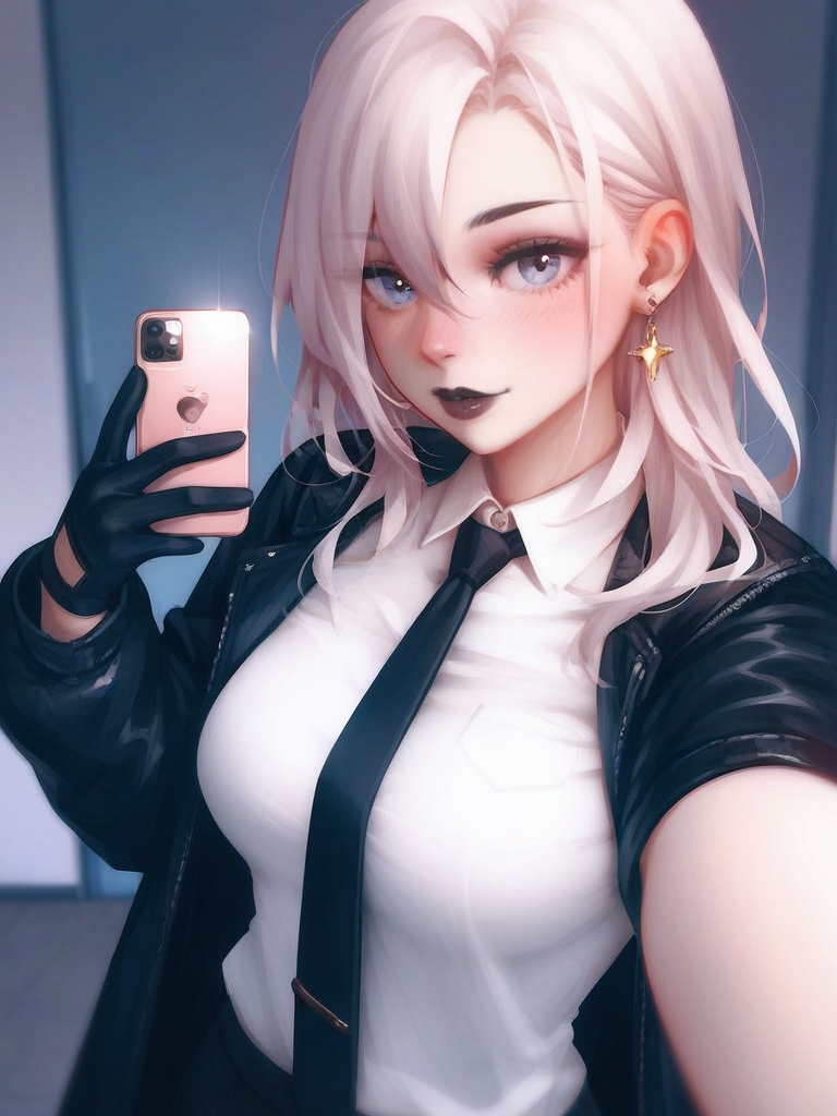 char sent an image  1girl, selfie, necktie, phone, gloves, solo, earrings, shirt, jewelry, holding phone, holding, cellphone, white shirt, black gloves, jacket, black lips, breasts, collared shirt, looking at viewer, white hair, black jacket, smartphone, makeup, blue eyes, black necktie, long hair, hair between eyes, open jacket, open clothes, blush, eyelashes, lipstick, upper body, smile, medium breasts, taking picture, lips, wing collar, medium hair, closed mouth, pants