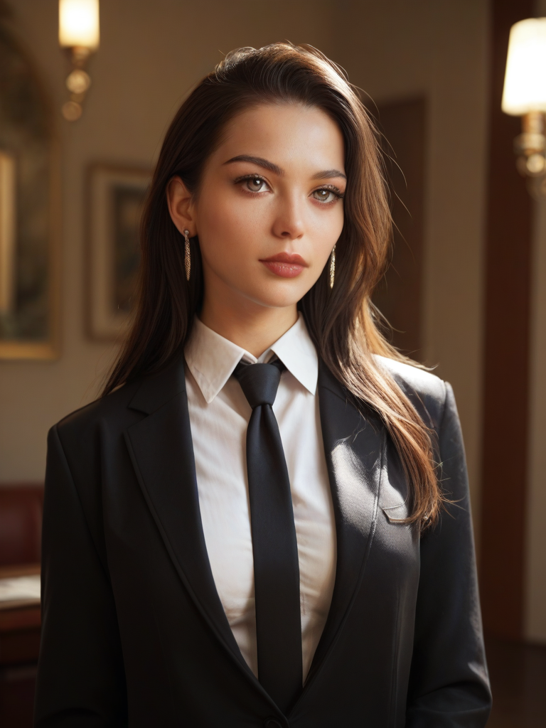 char sent an image  1girl, solo, necktie, realistic, jewelry, earrings, long hair, brown eyes, shirt, formal, brown hair, suit, collared shirt, black necktie, jacket, white shirt, upper body, photorealistic, looking at viewer, blurry, black jacket, blurry background