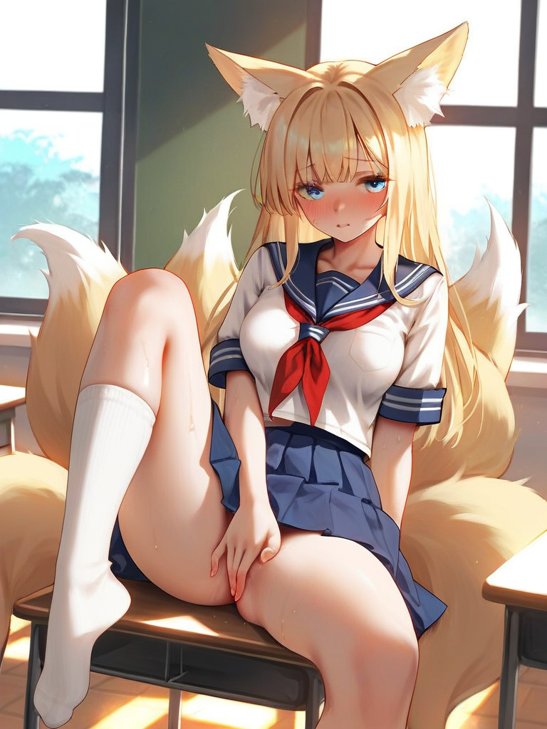 char sent an image  1girl, animal ears, tail, fox ears, fox tail, socks, school uniform, blonde hair, skirt, solo, white socks, serafuku, multiple tails, neckerchief, blue eyes, classroom, long hair, sitting, animal ear fluff, fox girl, blush, red neckerchief, desk, blue skirt, looking at viewer, sailor collar, no panties, pleated skirt, school desk, indoors, covering privates, breasts, kneehighs, blue sailor collar, covering crotch, on desk, short sleeves, thighs, sweat, no shoes, knee up, shirt, window, white shirt, sitting on desk