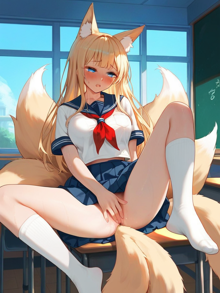 char sent an image  1girl, tail, animal ears, fox tail, school uniform, fox ears, solo, socks, serafuku, classroom, skirt, blonde hair, white socks, blue eyes, desk, no panties, long hair, indoors, multiple tails, blush, neckerchief, breasts, pleated skirt, kneehighs, animal ear fluff, blue skirt, fox girl, sailor collar, school desk, female masturbation, chalkboard, red neckerchief, blue sailor collar, short sleeves, sitting, open mouth, masturbation, on desk, shirt, no shoes, window, white shirt, thighs, large breasts, sweat, pussy juice, spread legs, kitsune