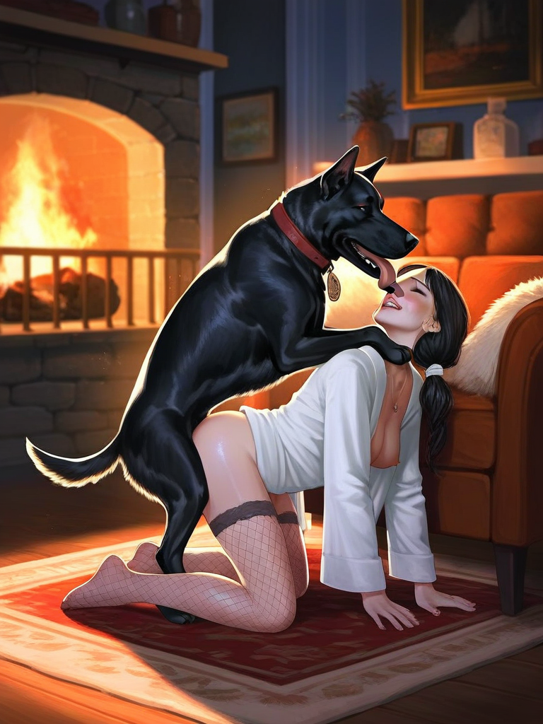 char sent an image  fireplace, 1girl, breasts, dog, thighhighs, sex, all fours, nipples, hetero, black hair