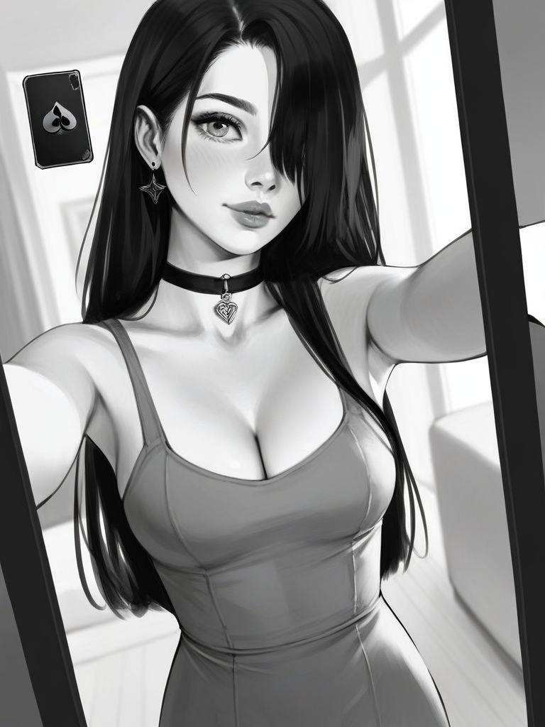 char sent an image  1girl, breasts, monochrome, selfie, greyscale, phone, choker, earrings, jewelry, cleavage, solo, long hair, cellphone, looking at viewer, hair over one eye, smartphone, lips, blush