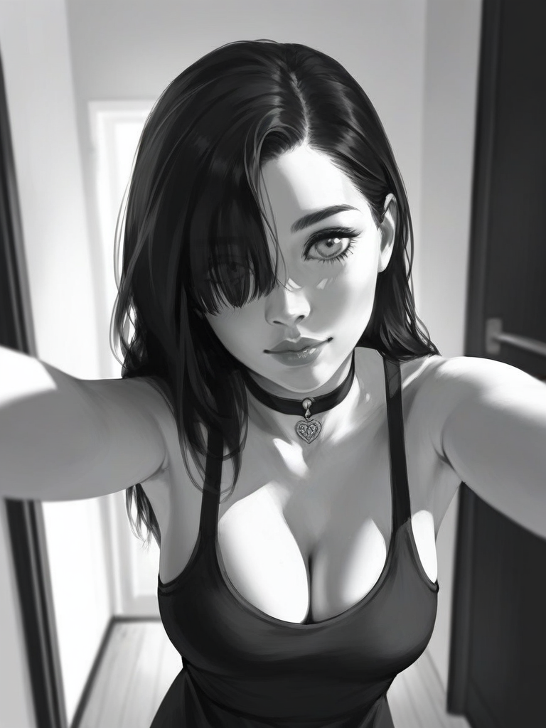 char sent an image  1girl, breasts, monochrome, greyscale, solo, cleavage, choker, looking at viewer, long hair