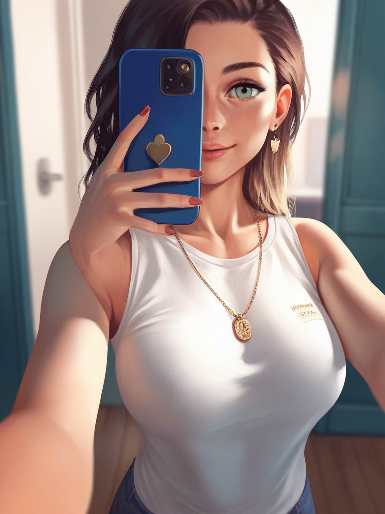char sent an image  1girl, selfie, jewelry, phone, solo, breasts, earrings, cellphone, necklace, holding phone, holding, looking at viewer, smartphone, large breasts, brown hair, smile, red nails, heart, green eyes, tank top, shirt, denim, nail polish
