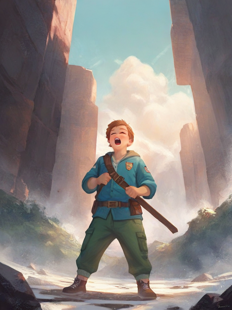 char sent an image  1boy, male focus, outdoors, solo, closed eyes, open mouth, brown hair, sky, cloud, weapon, day, pants, sheath, sword, belt, green pants, standing, child, jacket, brown footwear, short hair, full body