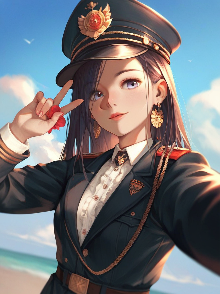 char sent an image  1girl, uniform, military uniform, solo, jewelry, hat, earrings, selfie, v, military