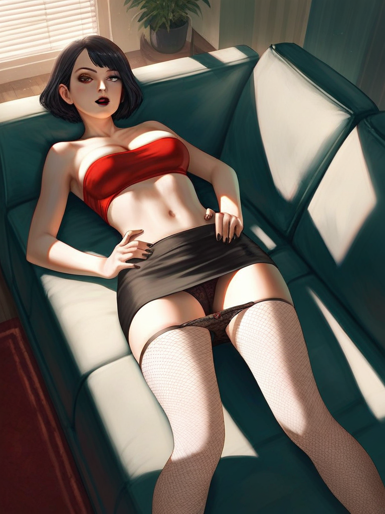 char sent an image  1girl, underwear, panties, skirt, solo, breasts, fishnets, black nails, short hair, tube top, lying, strapless, black panties, black hair, navel, panty pull, indoors, on back, red lips, black skirt, bandeau, couch, bare shoulders, pantyhose, miniskirt, looking at viewer, nail polish, makeup, pantyhose pull, thighhighs, plant, hands on own hips, pencil skirt, lipstick